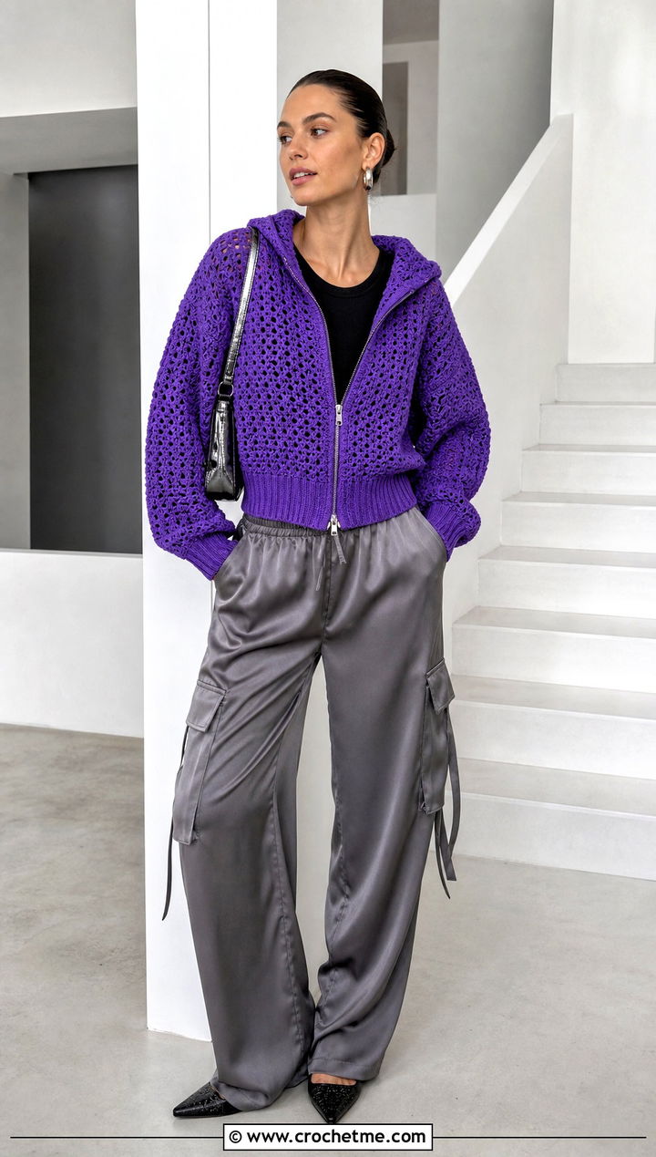Hooded Crochet Bomber With Satin Cargo Pants - 30 crochet zip up hoodie outfit ideas