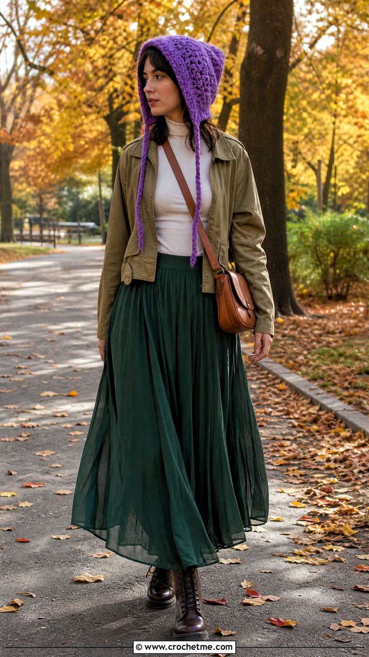 Hooded Crochet Bonnet With Maxi Skirt - 35 crochet bonnet outfit ideas