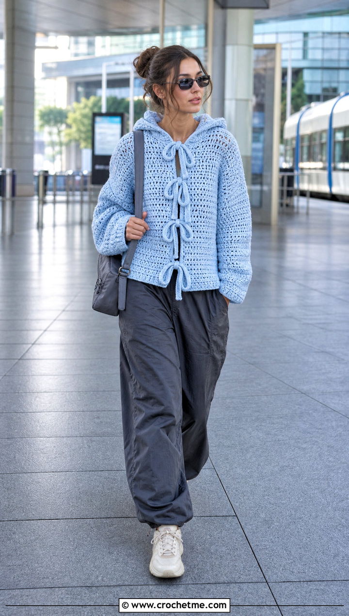 Hooded Crochet Bow Sweater With Parachute Pants - 25 crochet bow sweater outfit ideas