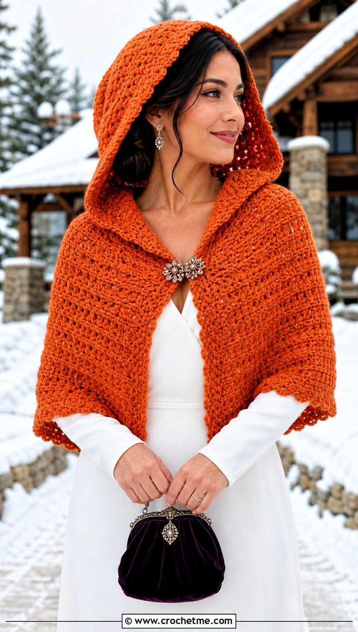 Hooded Crochet Bridal Shawl With Long Sleeve Winter Gown - 25 Crochet Bridal Shawl outfit ideas