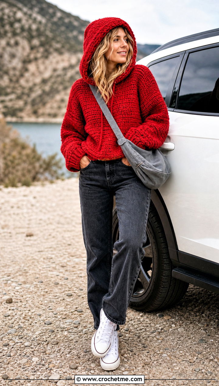 Hooded Crochet Bulky Sweater With Relaxed Jeans - 25 Crochet Bulky Sweater outfit ideas
