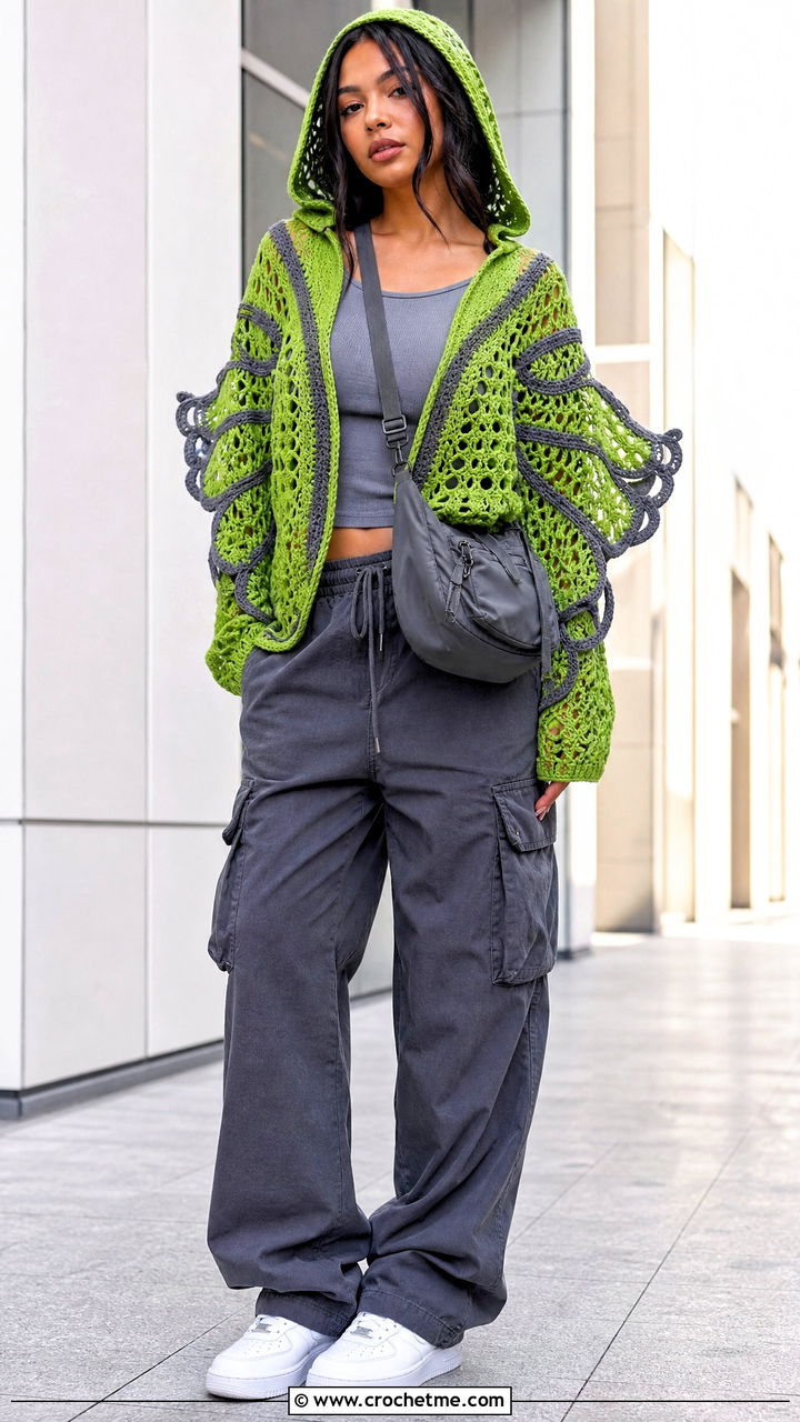 Hooded Crochet Butterfly Cardigan With Cargo Pants - 35 crochet butterfly cardigan outfit ideas
