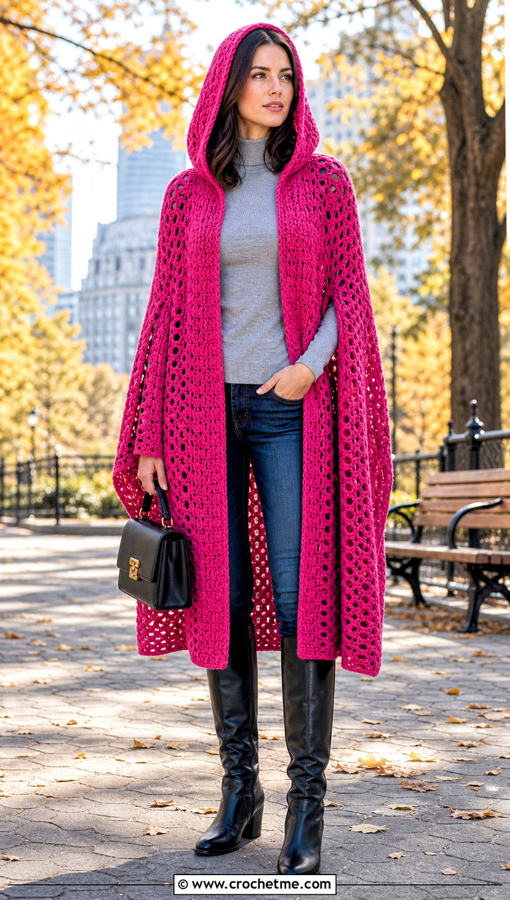 Hooded Crochet Cape Cardigan With Slim Jeans - 25 crochet long hooded cardigan outfit ideas
