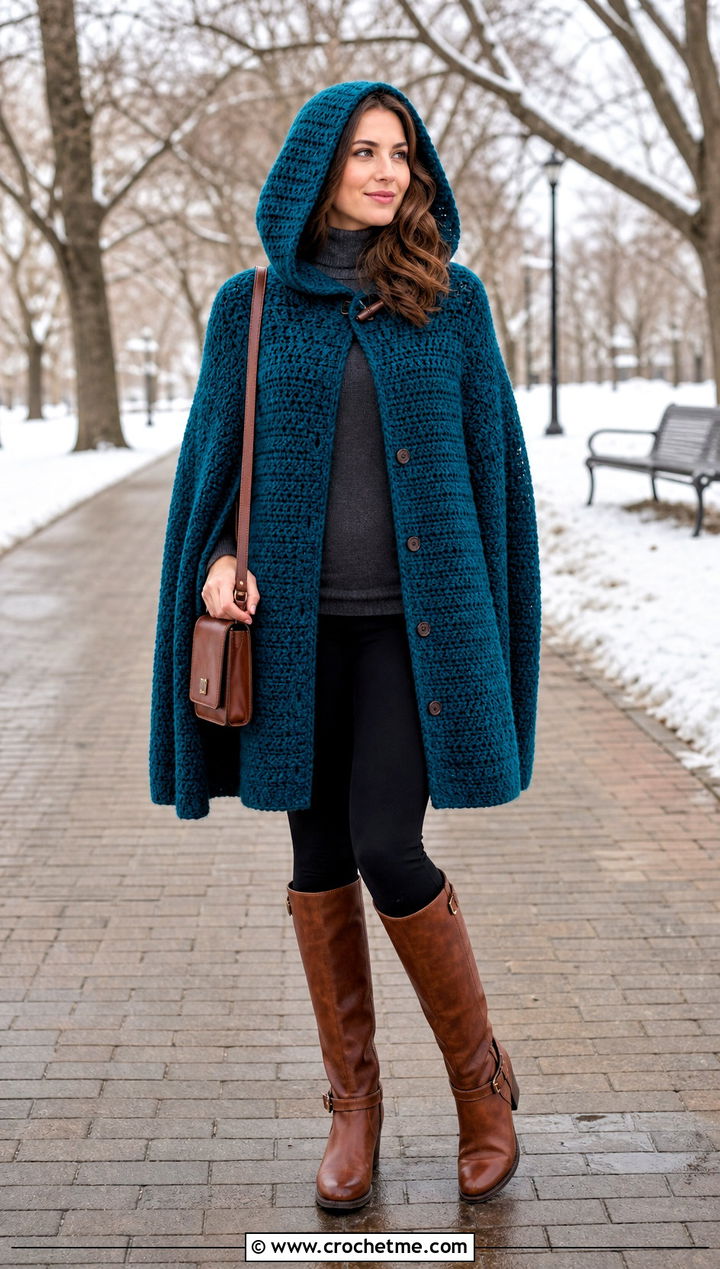 Hooded Crochet Cape Coat With Leggings And Boots - 15 Crochet Cape Coat outfit ideas
