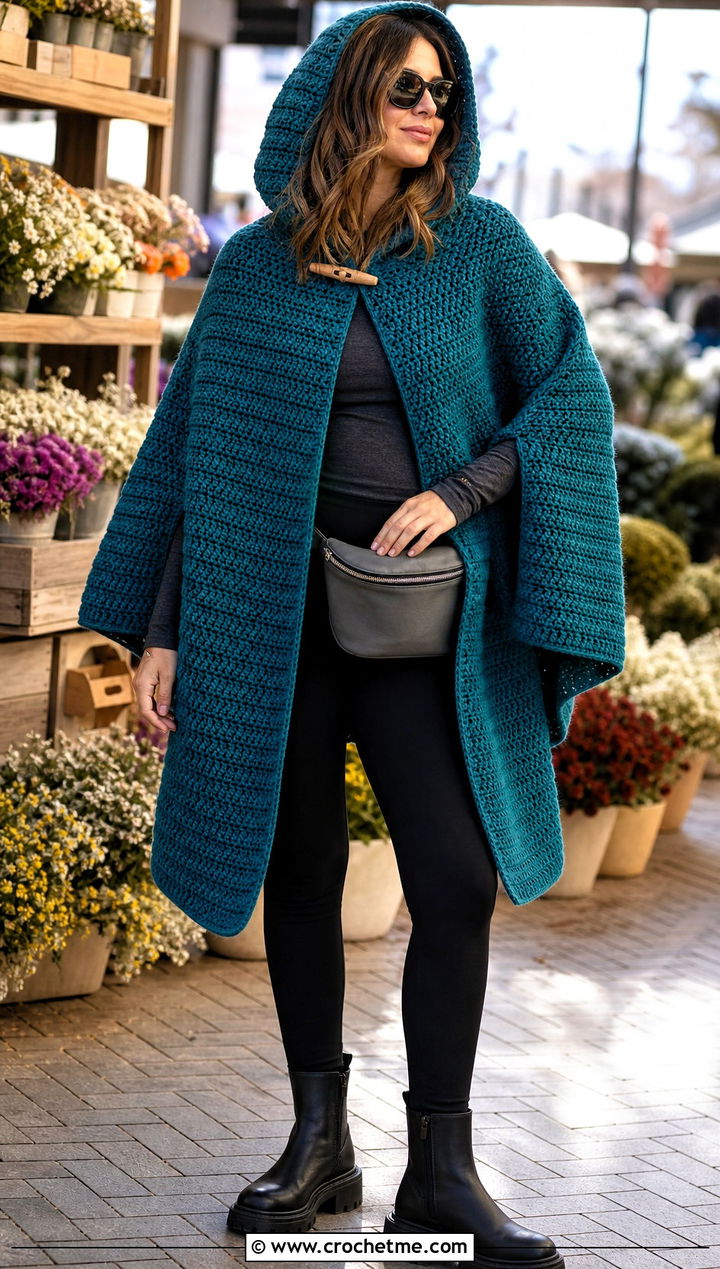 Hooded Crochet Cape With Leggings And Boots - 15 diy crochet cape outfit ideas
