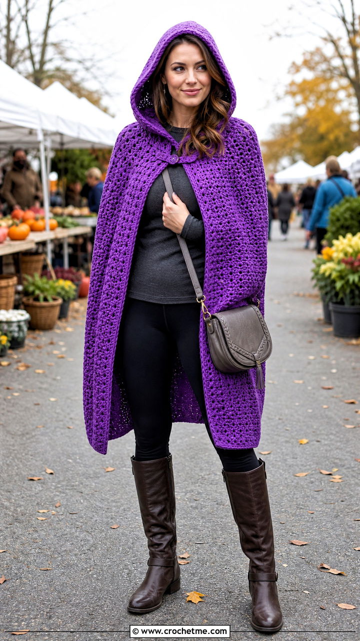 Hooded Crochet Cape With Leggings And Boots - 35 crochet cape outfit ideas
