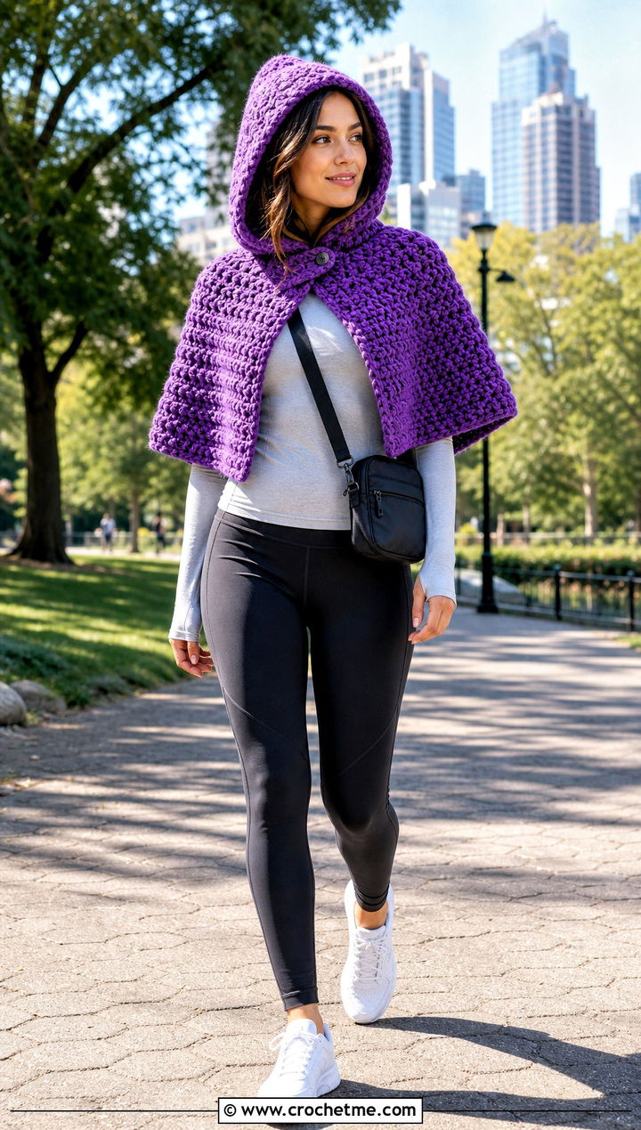 Hooded Crochet Capelet With Leggings And Sneakers - 15 Outlander Crochet Capelet outfit ideas