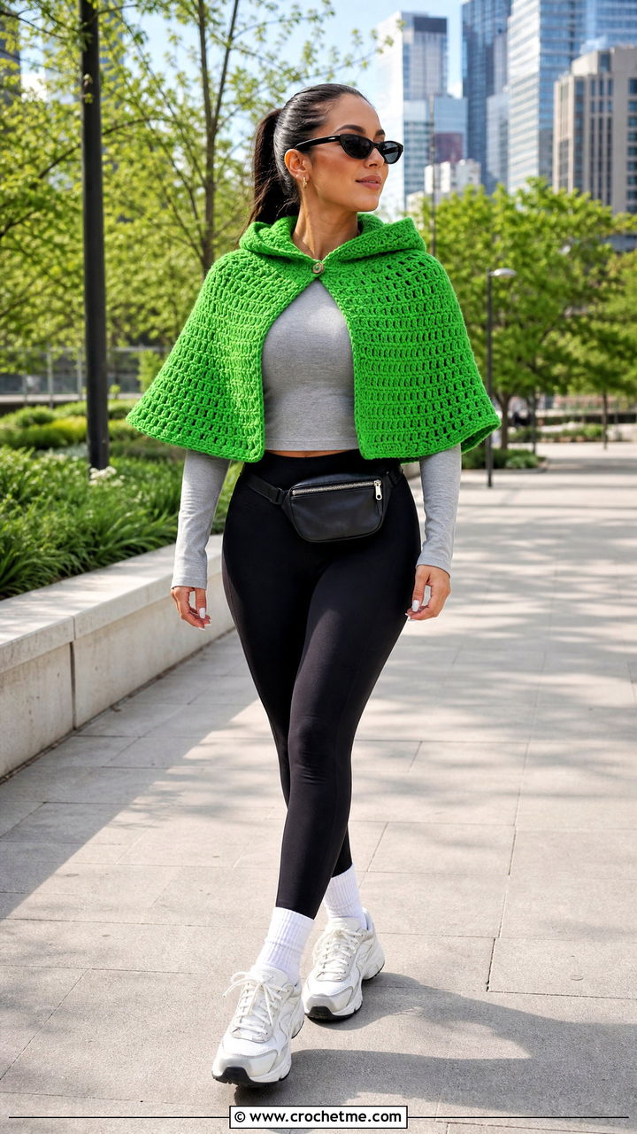 Hooded Crochet Capelet With Leggings And Sneakers - 35 crochet capelet outfit ideas