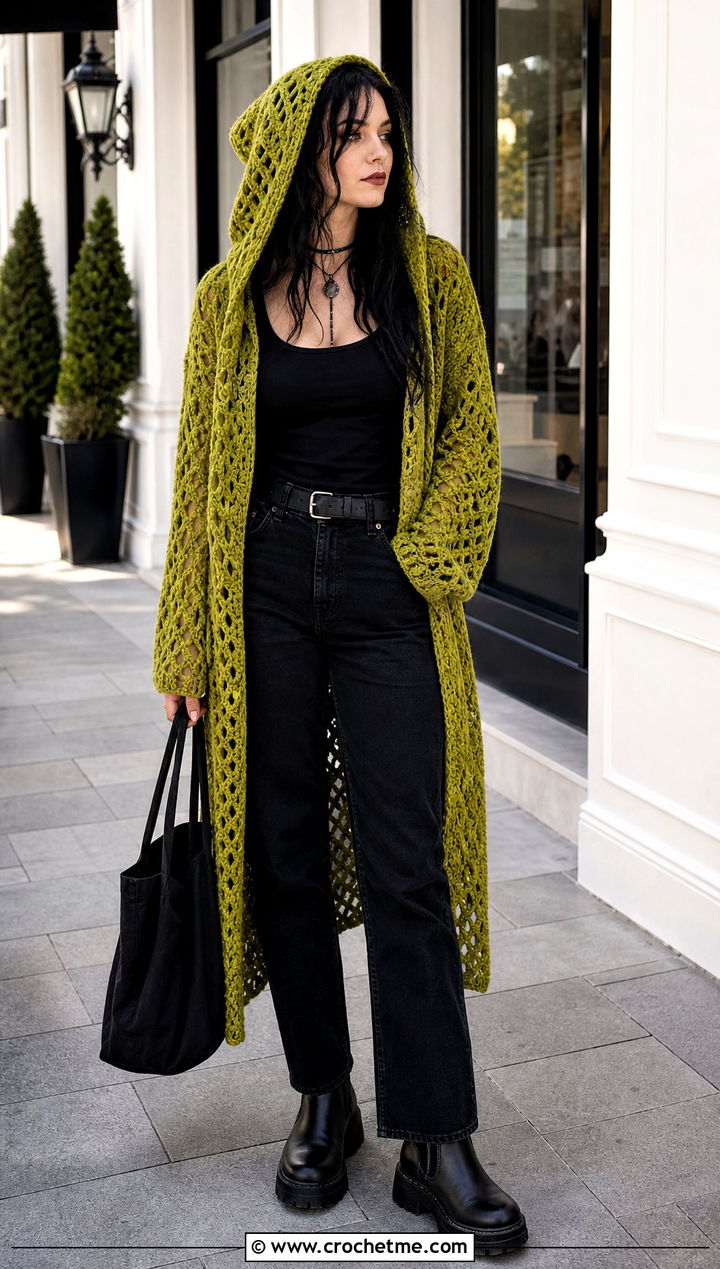 Hooded Crochet Cardigan With Black Jeans - 25 gothic crochet clothes and outfit ideas