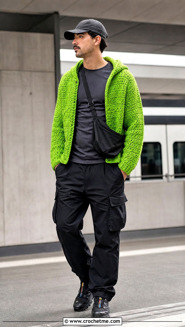 Hooded Crochet Cardigan With Cargo Pants - 30 mens crochet cardigan sweater outfit ideas