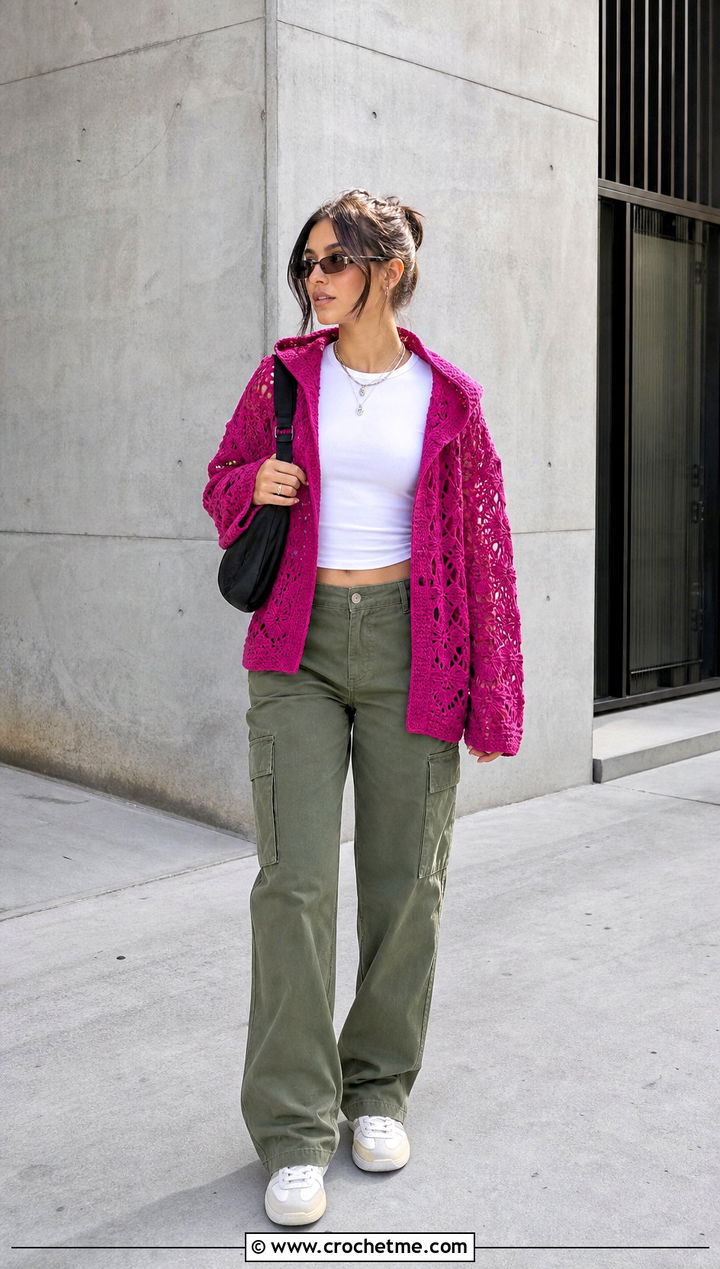 Hooded Crochet Cardigan With Cargo Pants - 15 easiest crochet cardigan outfit ideas
