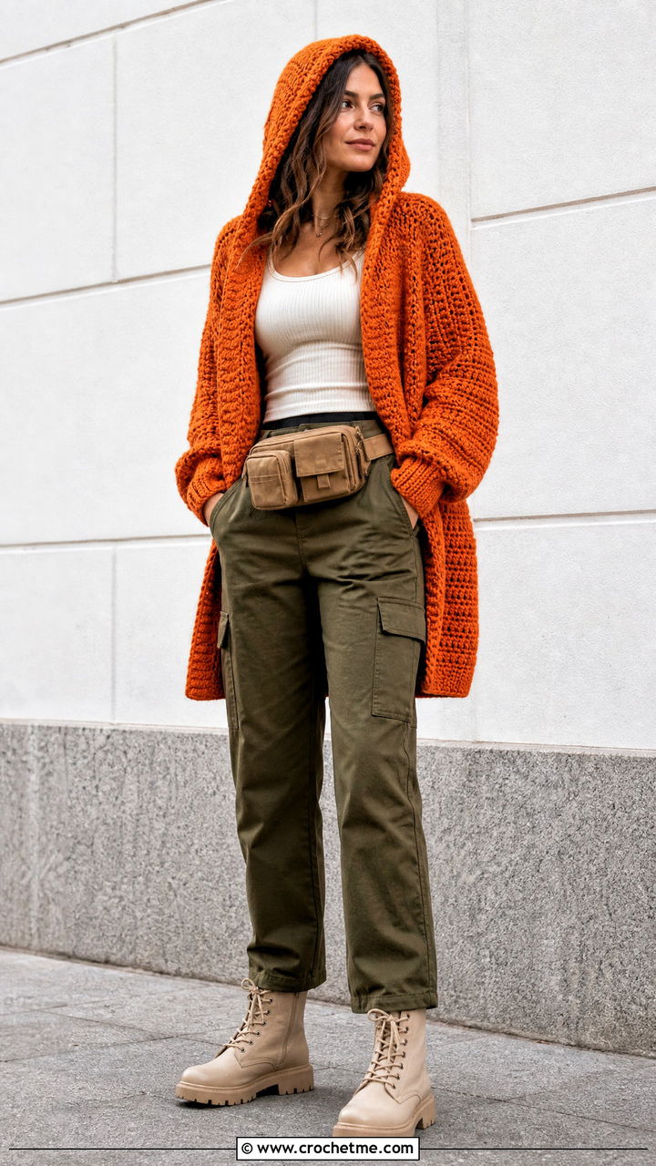 Hooded Crochet Cardigan With Cargo Pants - 35 chunky crochet cardigan outfit ideas