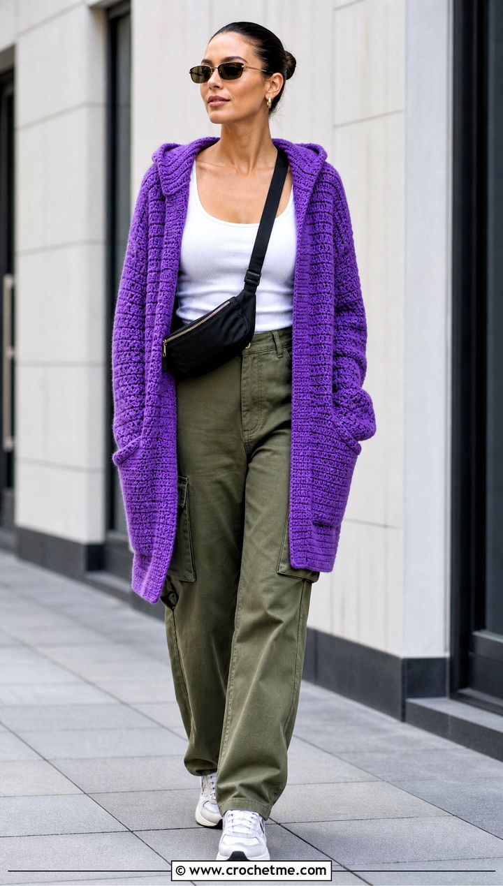 Hooded Crochet Cardigan With Cargo Pants - 25 crochet sweater with pockets outfit ideas