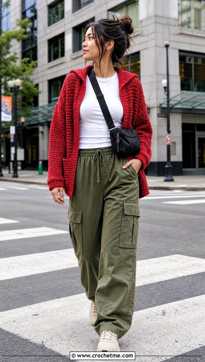 Hooded Crochet Cardigan With Cargo Pants - 25 Fall Crochet Outfit Ideas