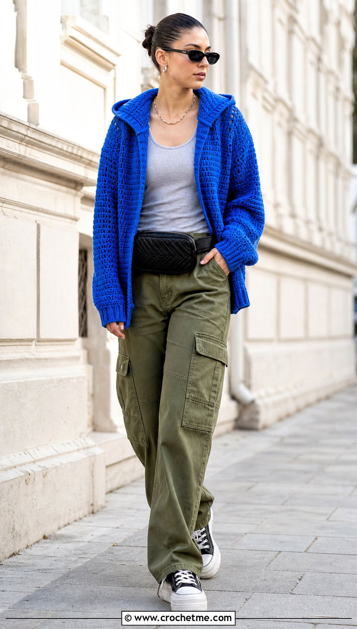 Hooded Crochet Cardigan With Cargo Pants - 25 womens crochet cardigan outfit ideas