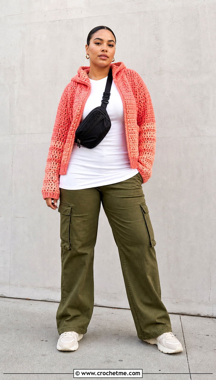 Hooded Crochet Cardigan With Cargo Pants - 30 crochet plus size cardigan outfit ideas
