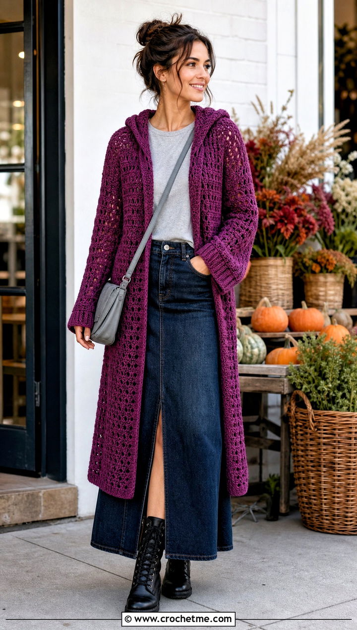 Hooded Crochet Cardigan With Denim Maxi Skirt - 15 Women Crochet Cardigan outfit ideas