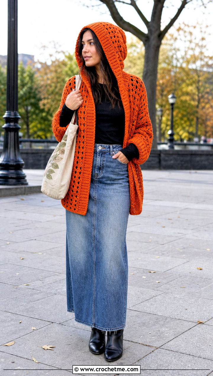 Hooded Crochet Cardigan With Denim Maxi Skirt - 35 Crochet Grunge Clothes and outfit ideas