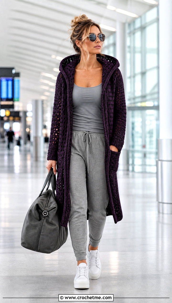 Hooded Crochet Cardigan With Joggers - 15 colorful crocheted cardigan on hook outfit ideas