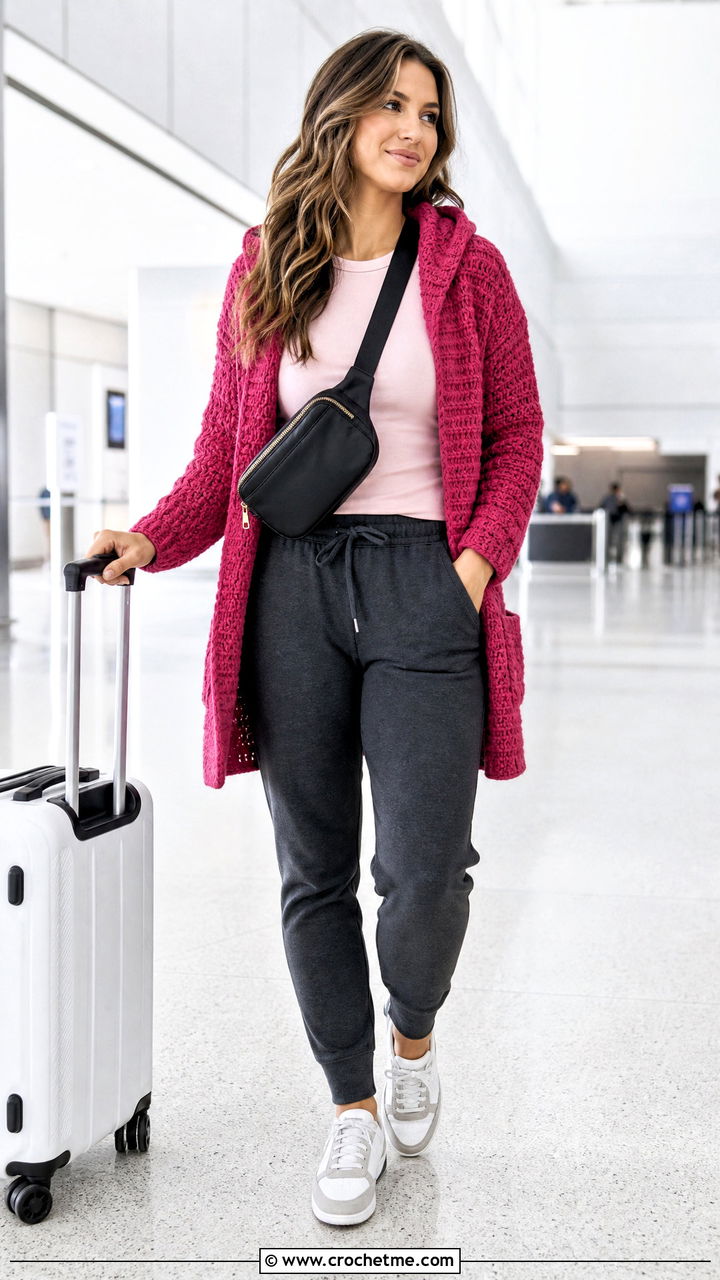 Hooded Crochet Cardigan With Joggers - 35 beginner crochet cardigan outfit ideas