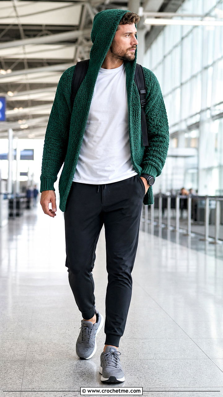 Hooded Crochet Cardigan With Joggers - 35 crochet cardigan men outfit ideas
