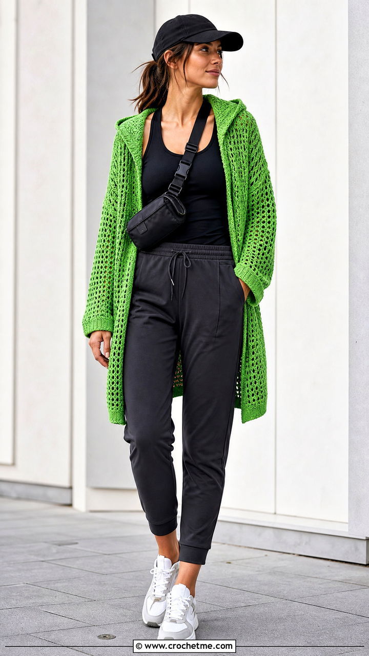 Hooded Crochet Cardigan With Joggers - 35 crochet cardigans outfit ideas