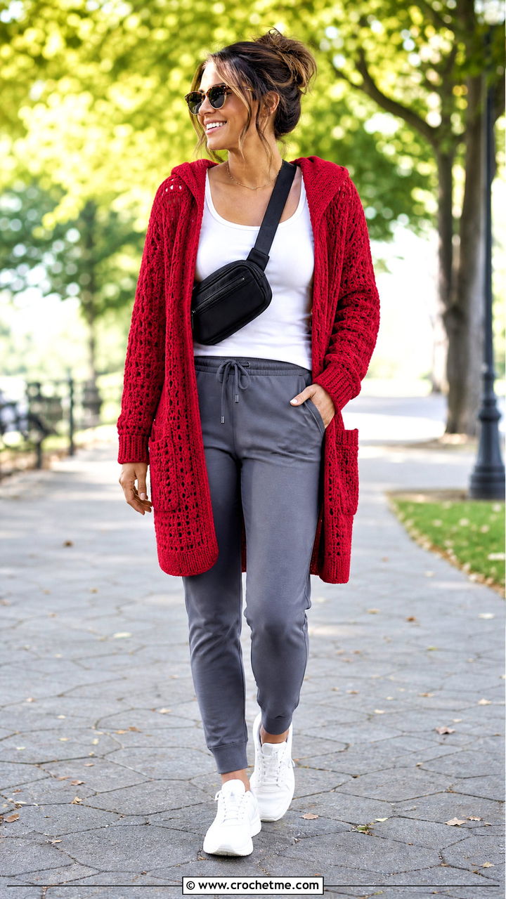 Hooded Crochet Cardigan With Joggers - 35 crocheted cardigan outfit ideas