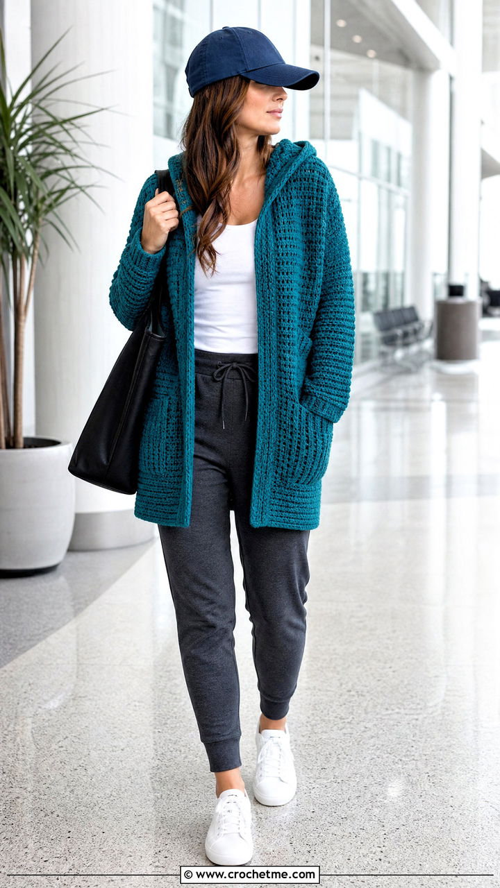 Hooded Crochet Cardigan With Joggers - 35 easy crochet cardigan outfit ideas