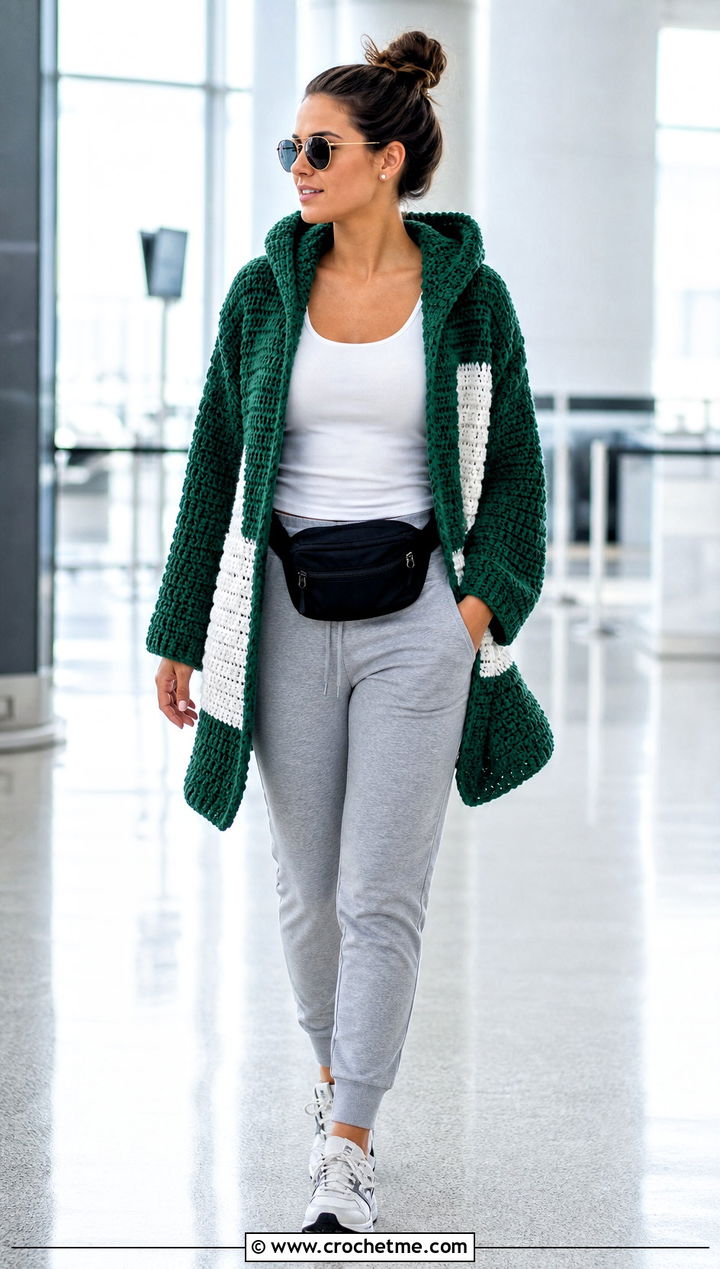 Hooded Crochet Cardigan With Joggers - 25 green and white crochet cardigan outfit ideas