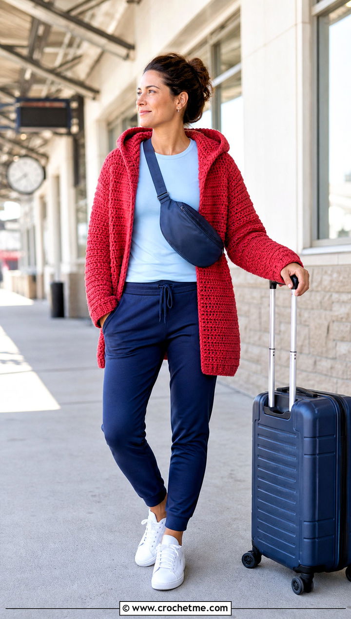 Hooded Crochet Cardigan With Joggers And Sneakers - 35 fall crochet cardigan outfit ideas