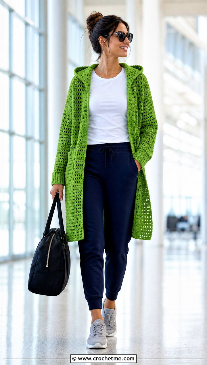 Hooded Crochet Cardigan With Joggers - 30 crochet women's cardigan outfit ideas