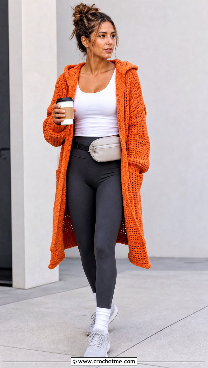 Hooded Crochet Cardigan With Leggings - 15 trendy crochet cardigan outfit ideas