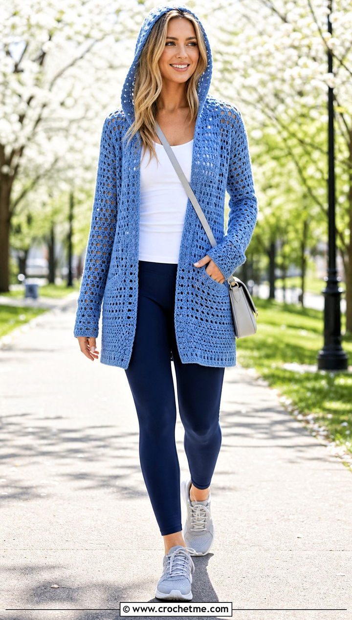 Hooded Crochet Cardigan With Leggings - 30 crochet spring cardigan outfit ideas