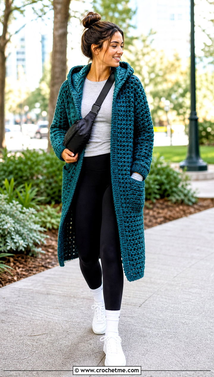 Hooded Crochet Cardigan With Leggings - 30 long crochet cardigan outfit ideas