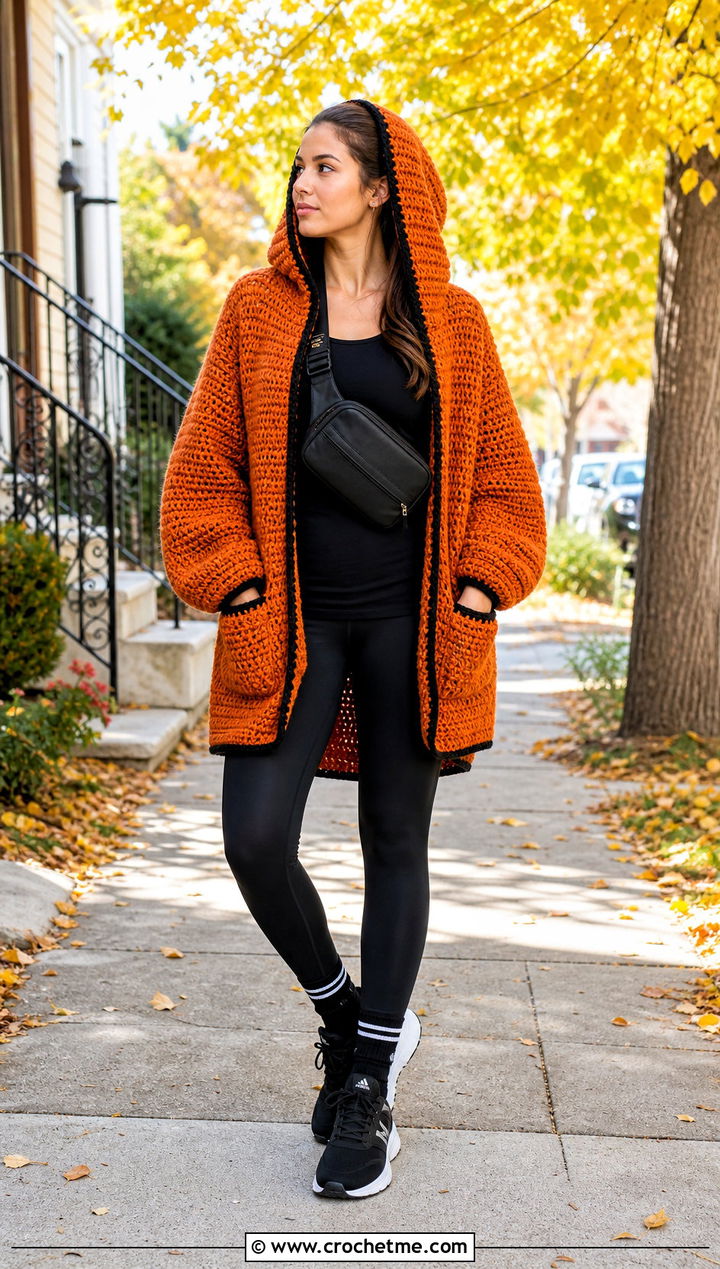Hooded Crochet Cardigan With Leggings - 25 halloween crochet cardigan outfit ideas
