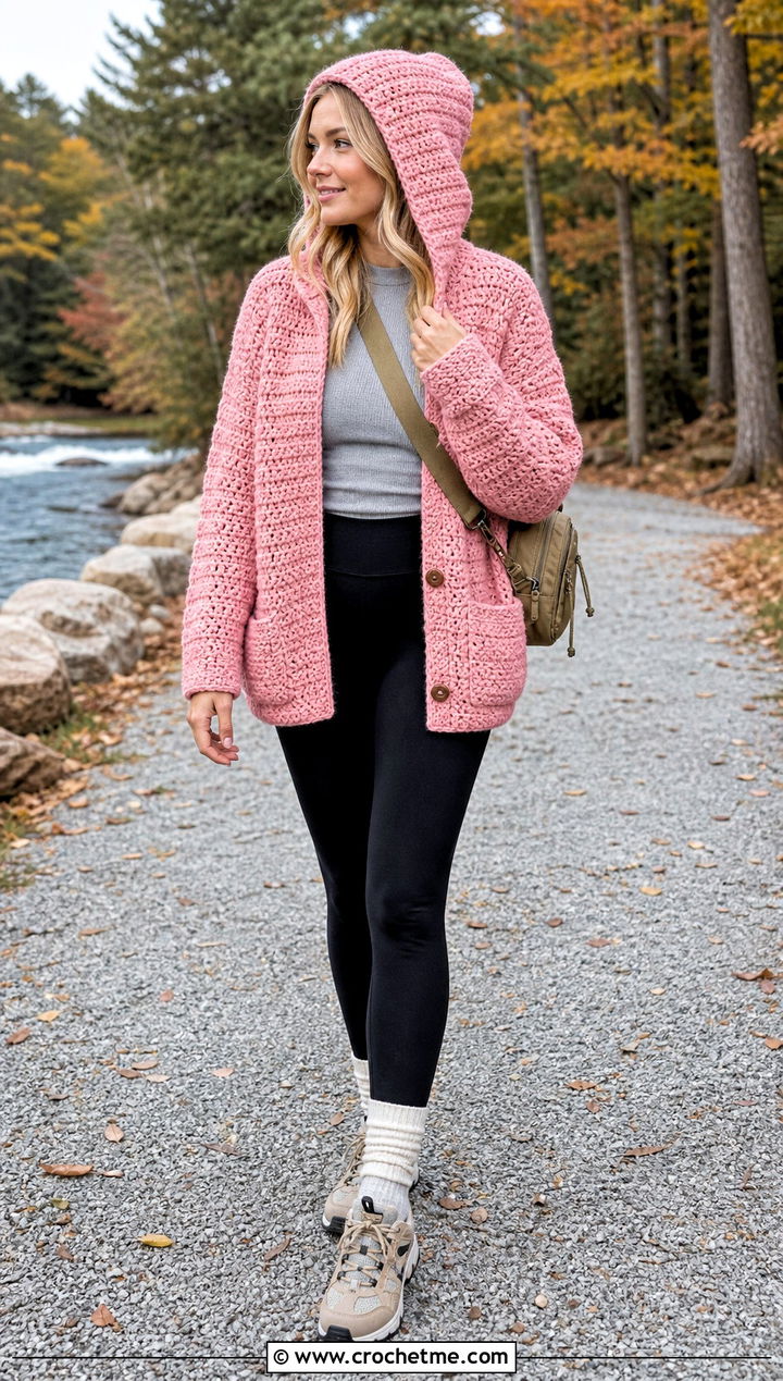 Hooded Crochet Cardigan With Leggings And Hiking Sneakers - 15 Crochet Cardigan Fall Fashion and outfit ideas