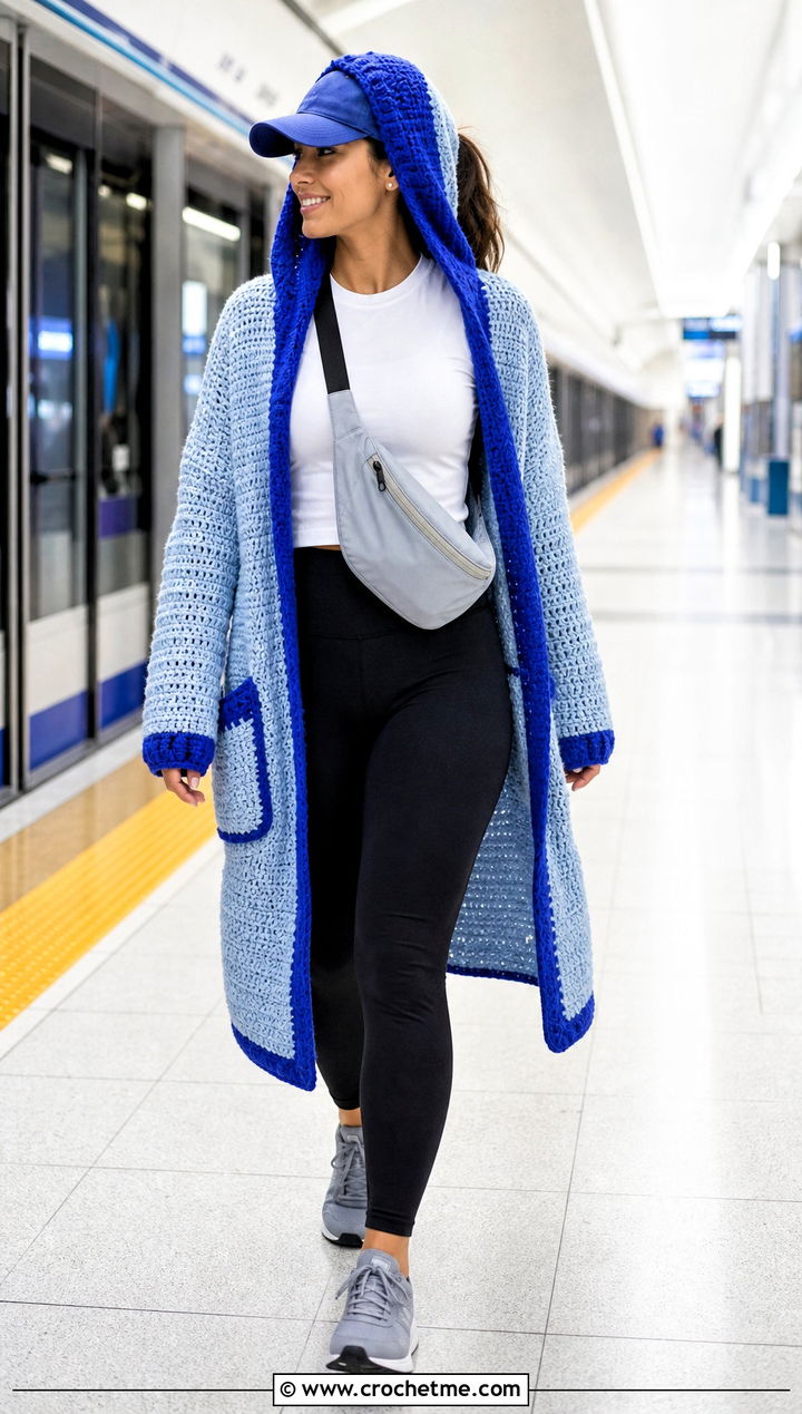 Hooded Crochet Cardigan With Leggings And Sneakers - 15 crochet cardigan with blue accents outfit ideas