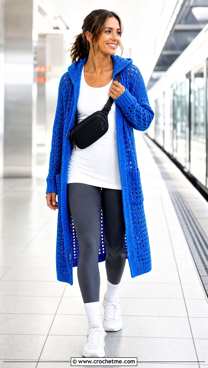 Hooded Crochet Cardigan With Leggings And Sneakers - 15 Crochet Womens Cardigans outfit ideas
