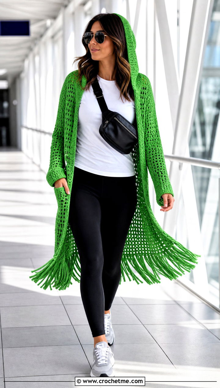 Hooded Crochet Cardigan With Leggings And Sneakers - 15 long crochet cardigan with fringe outfit ideas