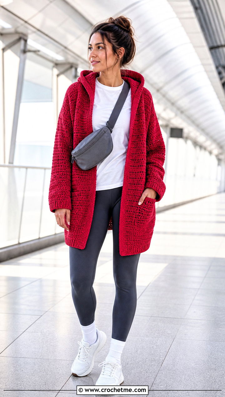 Hooded Crochet Cardigan With Leggings And Sneakers - 20 Crochet Fancy Cardigan outfit ideas