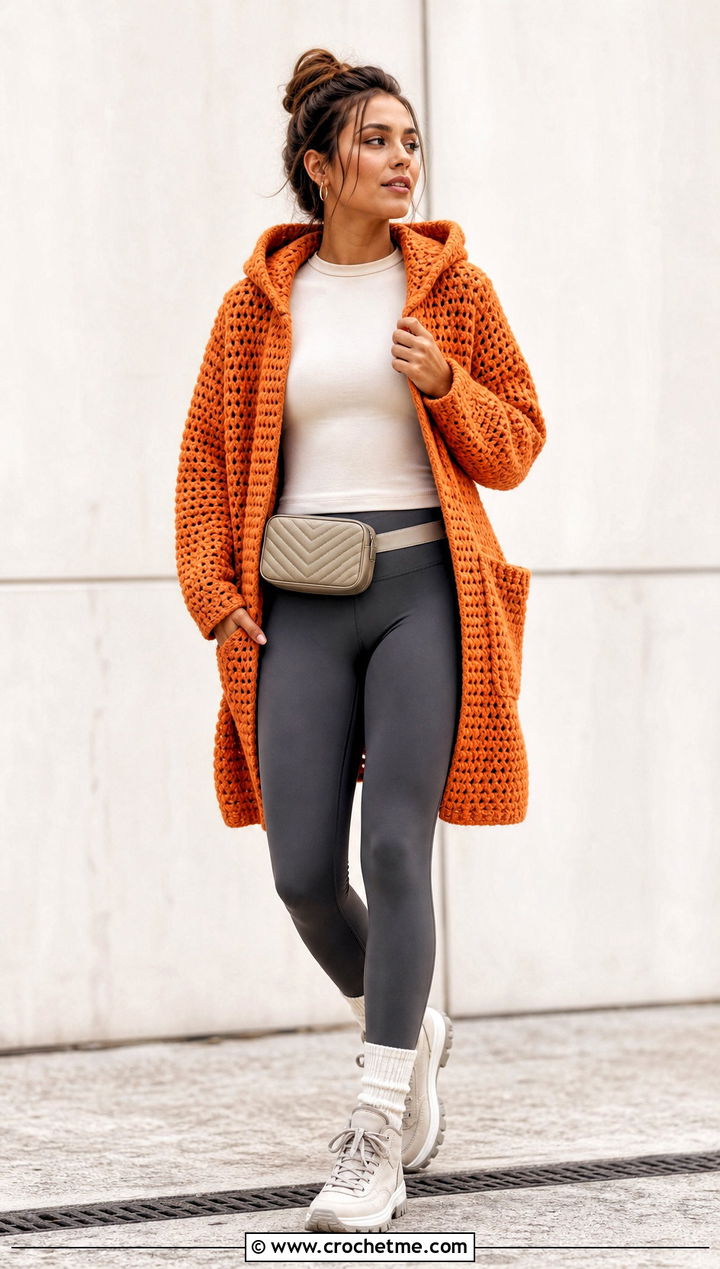 Hooded Crochet Cardigan With Leggings And Winter Sneakers - 25 Winter Crochet Clothes and outfit ideas