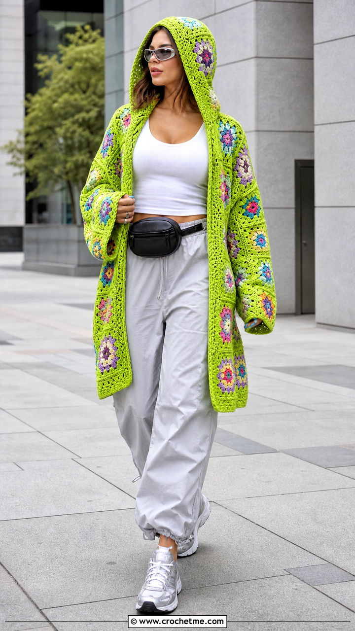Hooded Crochet Cardigan With Parachute Pants - 35 crochet cardigan ideas
