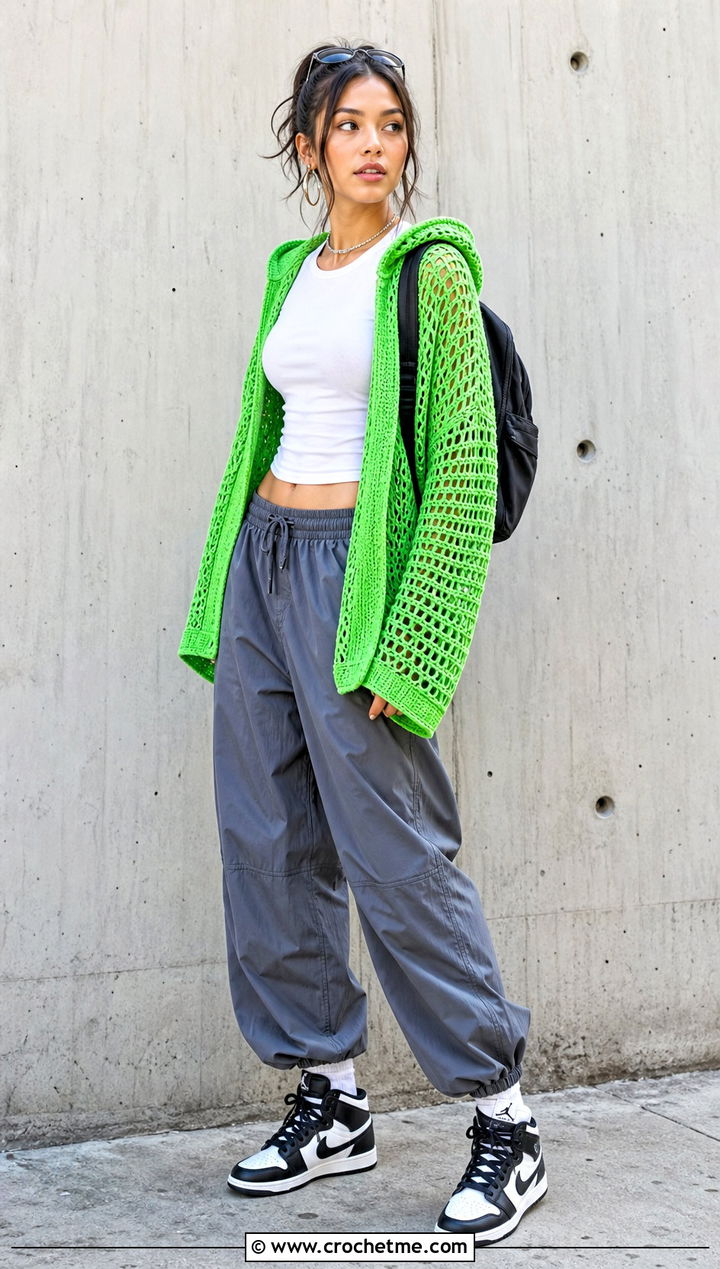 Hooded Crochet Cardigan With Parachute Pants - 30 loose crochet cardigan outfit ideas