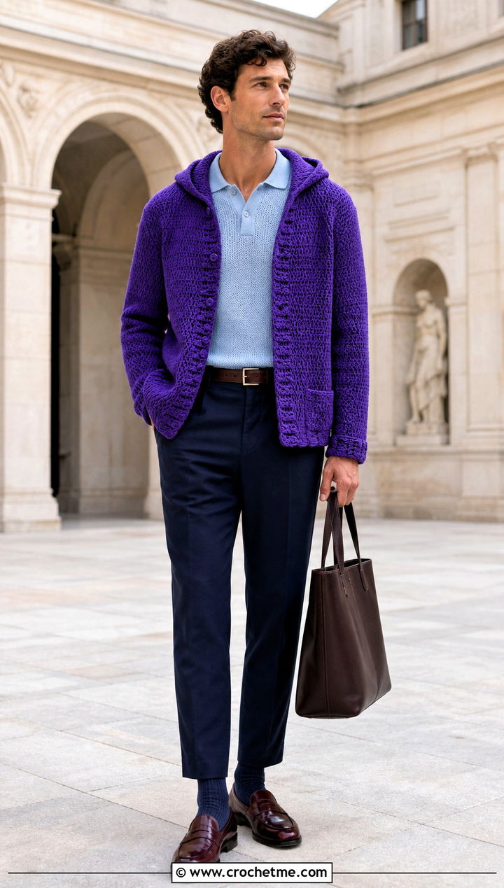 Hooded Crochet Cardigan With Polo Shirt - 30 crochet mens hoodie outfit ideas