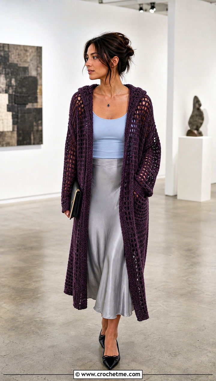 Hooded Crochet Cardigan With Satin Midi Skirt - 20 oversized crochet hoodie outfit ideas