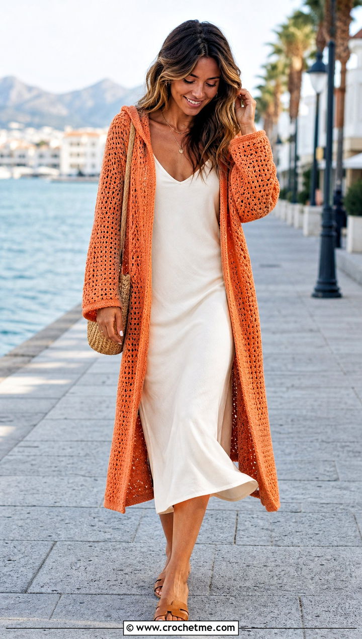 Hooded Crochet Cardigan With Slip Dress - 15 Ultimate Lounge Crochet Cardigan outfit ideas