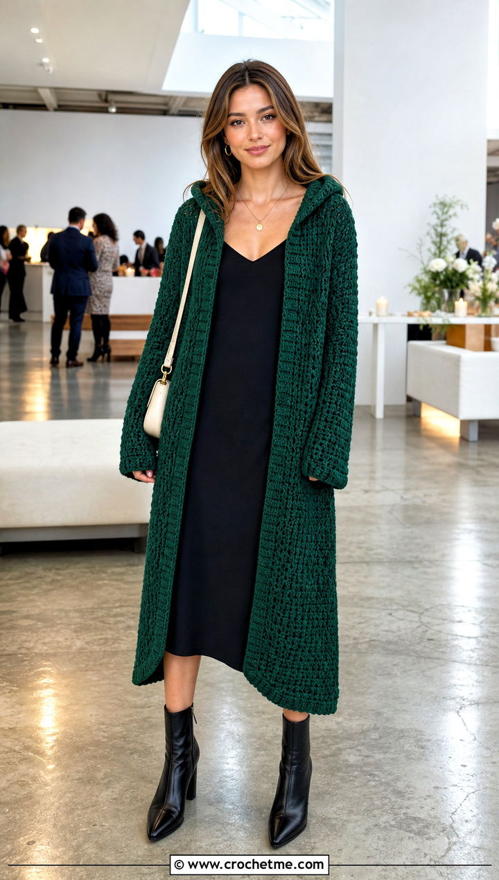 Hooded Crochet Cardigan With Slip Dress - 25 Easy Crochet Hoodie outfit ideas