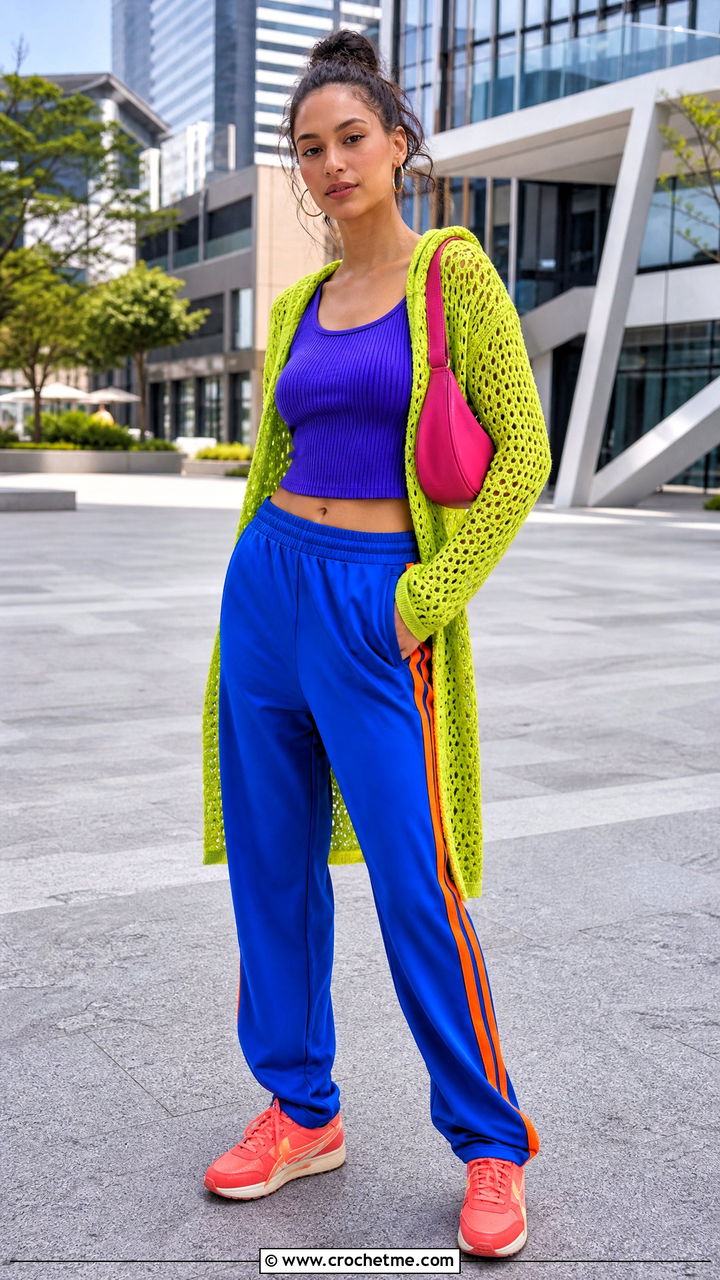 Hooded Crochet Cardigan With Track Pants - 35 crochet outfits ideas