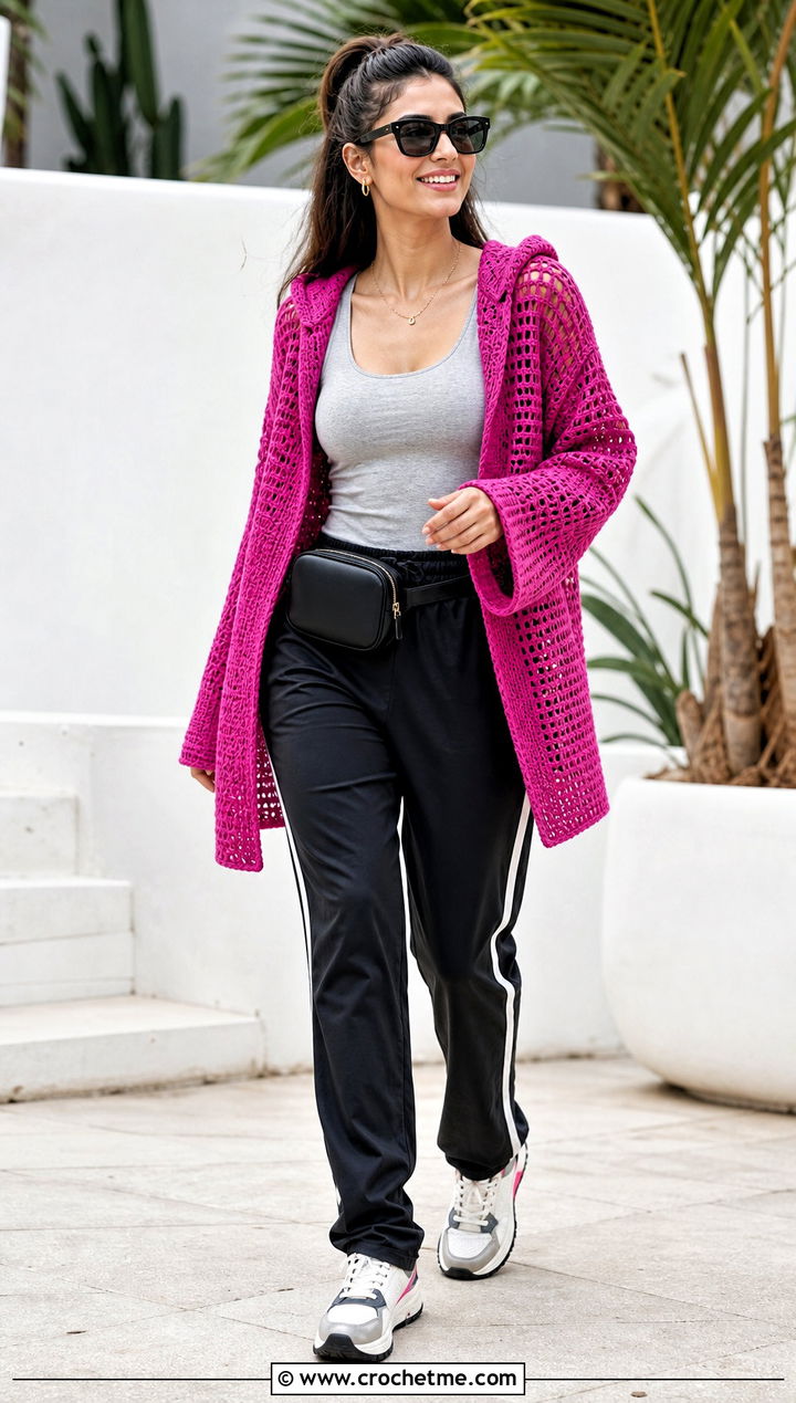 Hooded Crochet Cardigan With Track Pants - 25 Crochet Cardigan Outfit Aesthetic outfit ideas