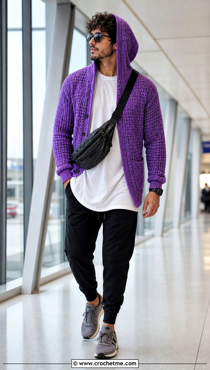 Hooded Crochet Cardigan With Track Pants and Sneakers - 20 men's crochet cardigan outfit ideas